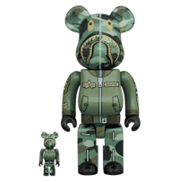 a bearbrick with a camouflage suit next to it