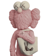 a pink figurine holding a tote bag