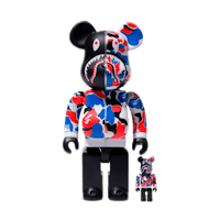 a bearbrick with a red, blue and white camouflage pattern