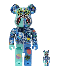 a bearbrick with sunglasses and a shark on it