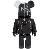 a black bearbrick in a motorcycle jacket