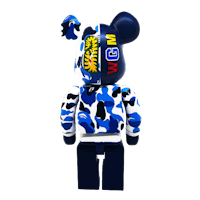 a bearbrick with a blue camouflage hoodie