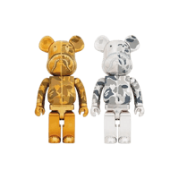 two bearbrick figurines on a black background