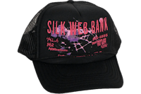 a black trucker hat with the words silkworm bank on it